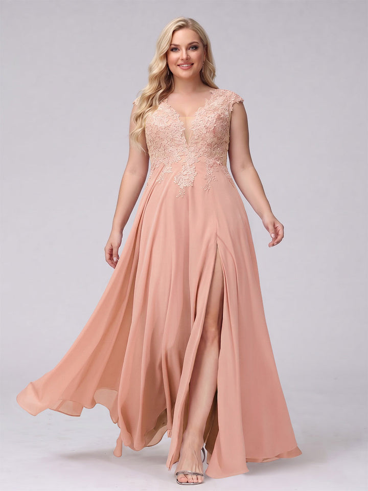 A-Line V-Neck Sleeveless Chiffon Long  Plus Size Bridesmaid Dresses With Applique Split Side