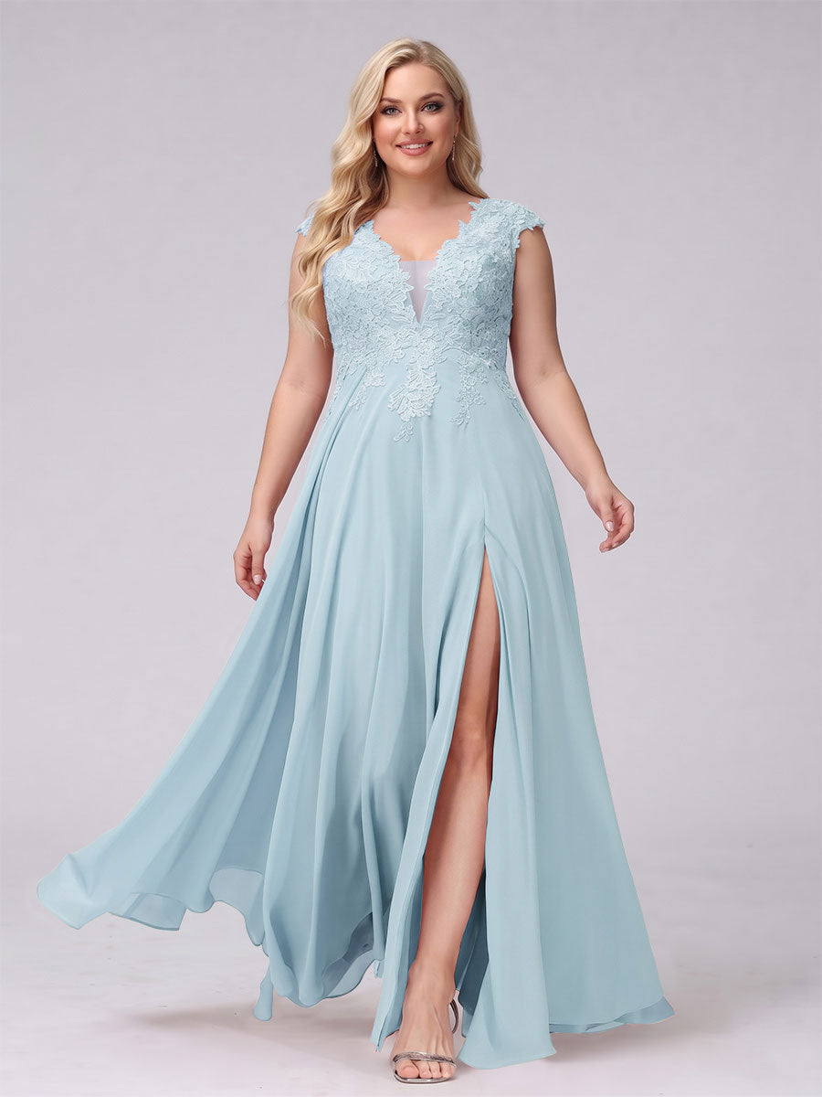 A-Line V-Neck Sleeveless Chiffon Long  Plus Size Bridesmaid Dresses With Applique Split Side