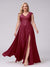 A-Line V-Neck Sleeveless Chiffon Long  Plus Size Bridesmaid Dresses With Applique Split Side