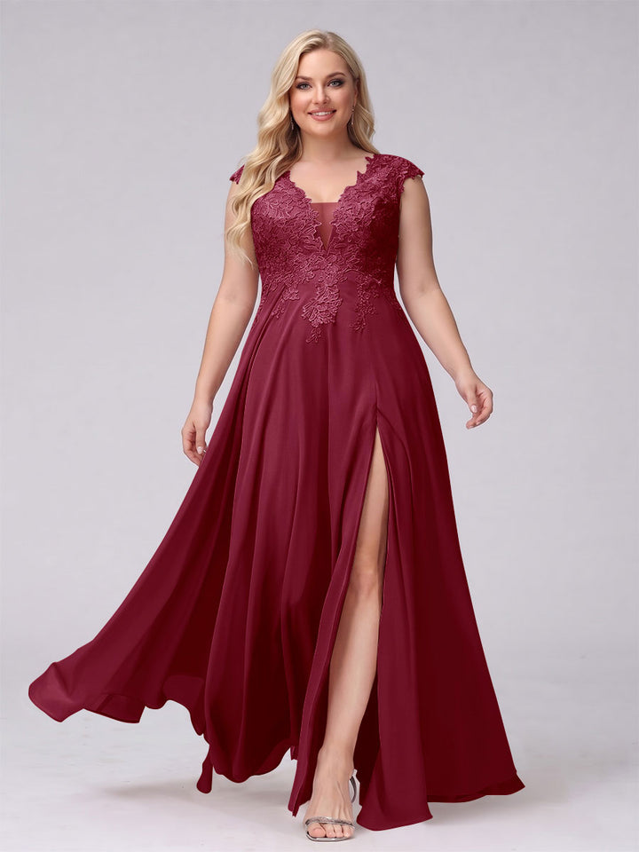 A-Line V-Neck Sleeveless Chiffon Long  Plus Size Bridesmaid Dresses With Applique Split Side