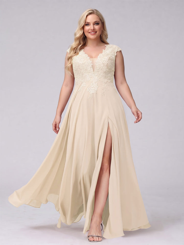 A-Line V-Neck Sleeveless Chiffon Long  Plus Size Bridesmaid Dresses With Applique Split Side