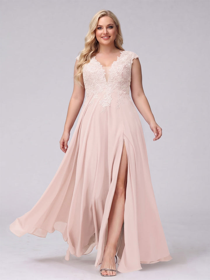 A-Line V-Neck Sleeveless Chiffon Long  Plus Size Bridesmaid Dresses With Applique Split Side