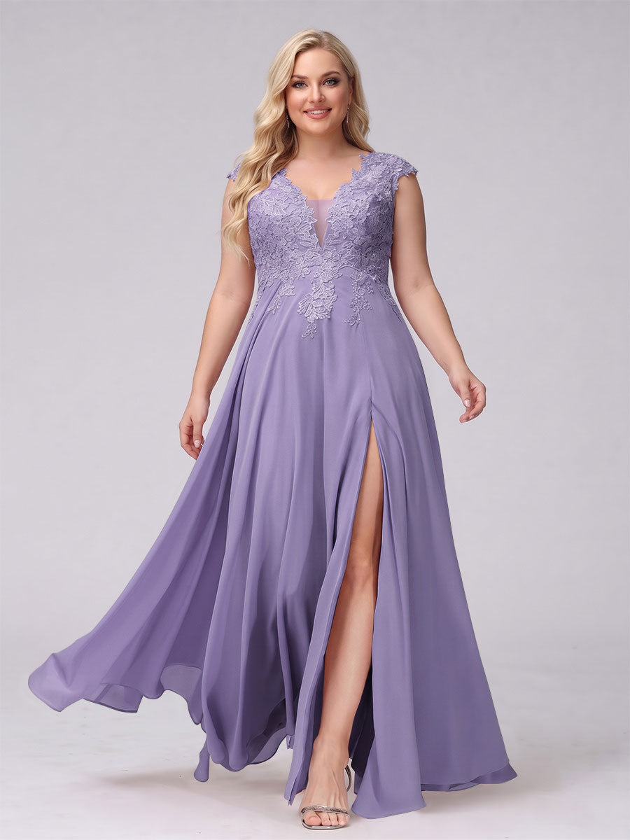 A-Line V-Neck Sleeveless Chiffon Long  Plus Size Bridesmaid Dresses With Applique Split Side