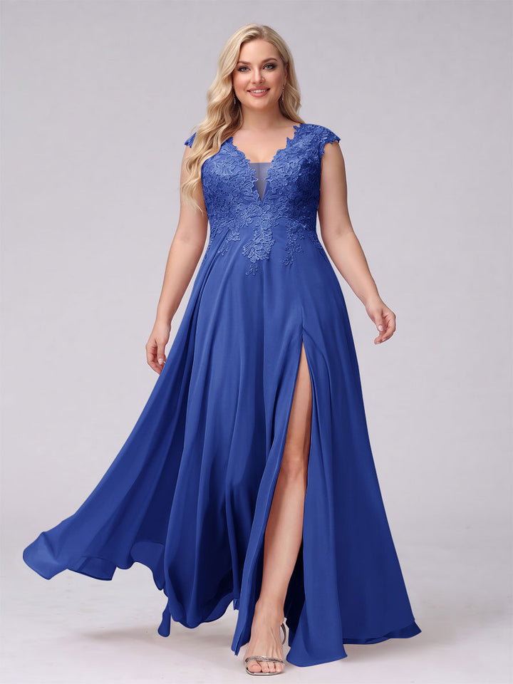 A-Line V-Neck Sleeveless Chiffon Long  Plus Size Bridesmaid Dresses With Applique Split Side