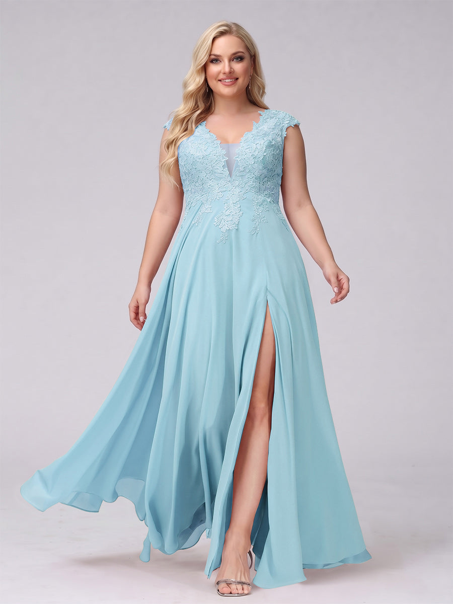 A-Line V-Neck Sleeveless Chiffon Long  Plus Size Bridesmaid Dresses With Applique Split Side