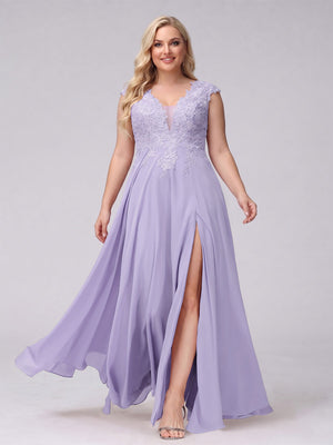 A-Line V-Neck Sleeveless Chiffon Long  Plus Size Bridesmaid Dresses With Applique Split Side