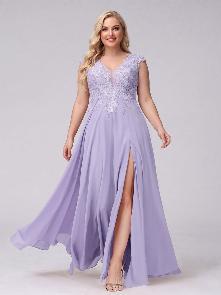 A-Line V-Neck Sleeveless Chiffon Long  Plus Size Bridesmaid Dresses With Applique Split Side