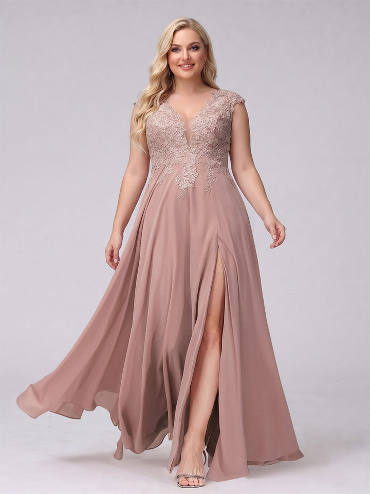 A-Line V-Neck Sleeveless Chiffon Long  Plus Size Bridesmaid Dresses With Applique Split Side