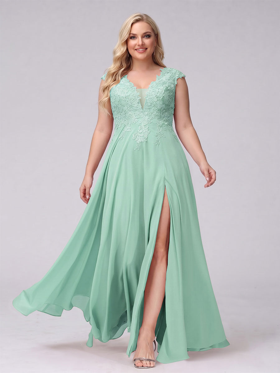A-Line V-Neck Sleeveless Chiffon Long  Plus Size Bridesmaid Dresses With Applique Split Side