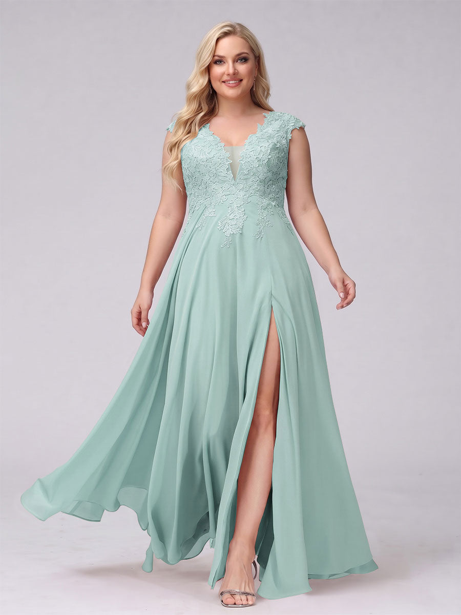 A-Line V-Neck Sleeveless Chiffon Long  Plus Size Bridesmaid Dresses With Applique Split Side