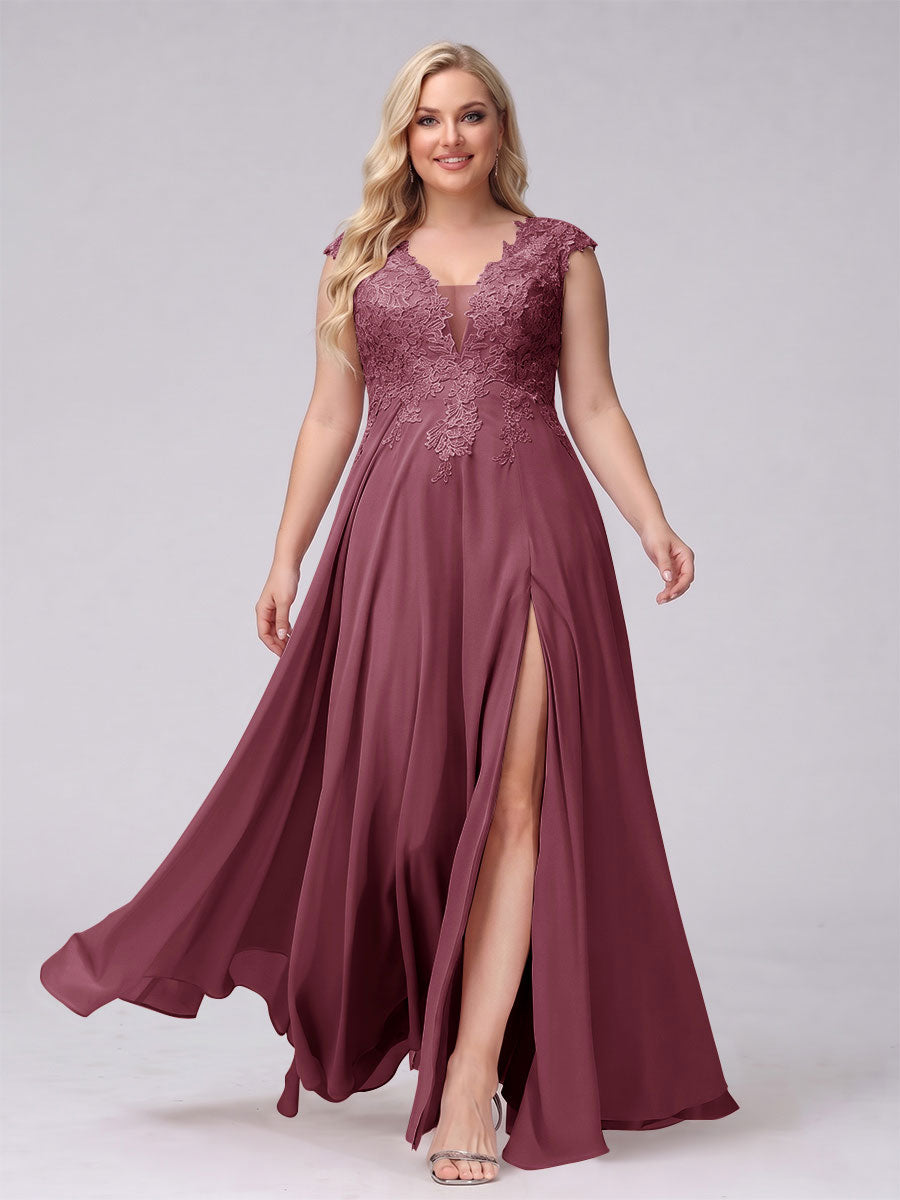 A-Line V-Neck Sleeveless Chiffon Long  Plus Size Bridesmaid Dresses With Applique Split Side