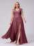 A-Line V-Neck Sleeveless Chiffon Long  Plus Size Bridesmaid Dresses With Applique Split Side