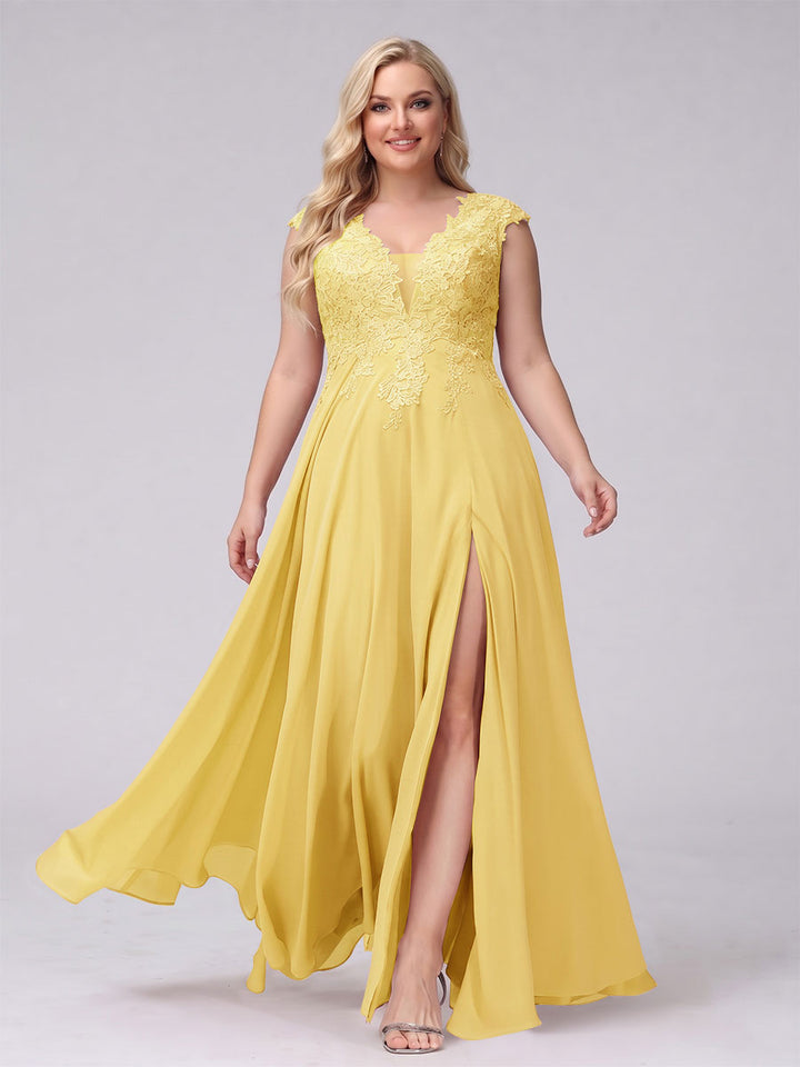 A-Line V-Neck Sleeveless Chiffon Long  Plus Size Bridesmaid Dresses With Applique Split Side