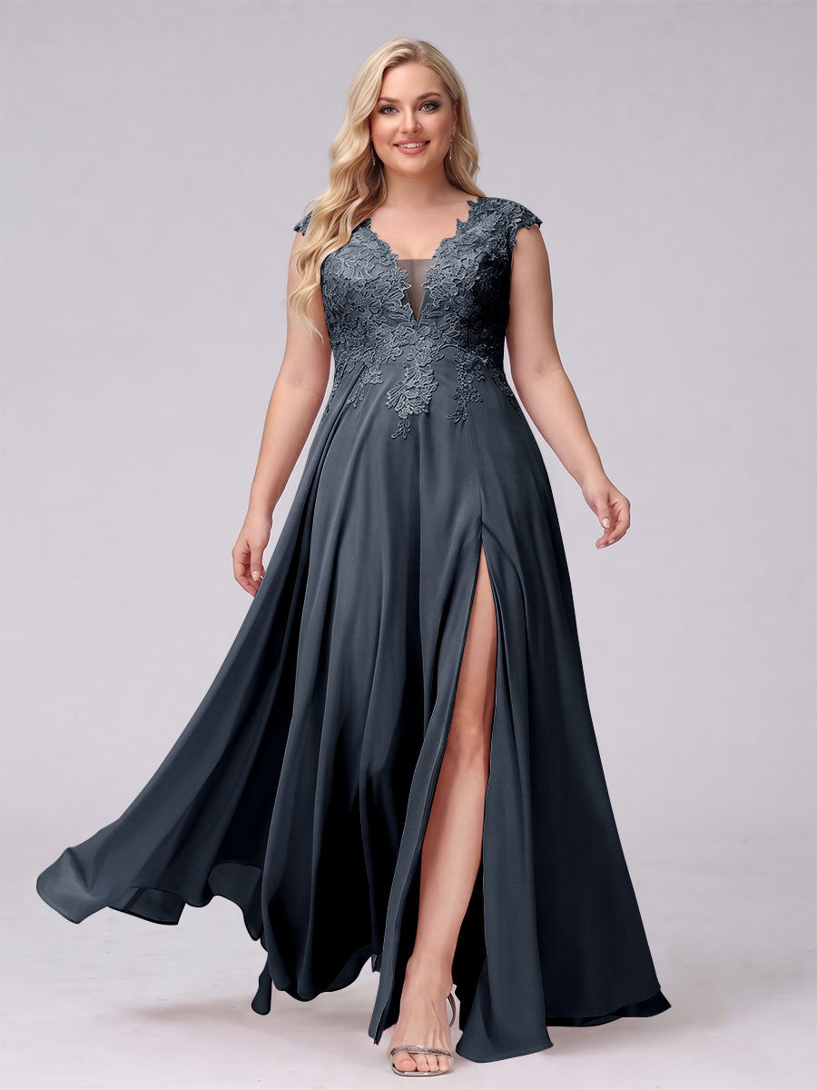A-Line V-Neck Sleeveless Chiffon Long  Plus Size Bridesmaid Dresses With Applique Split Side