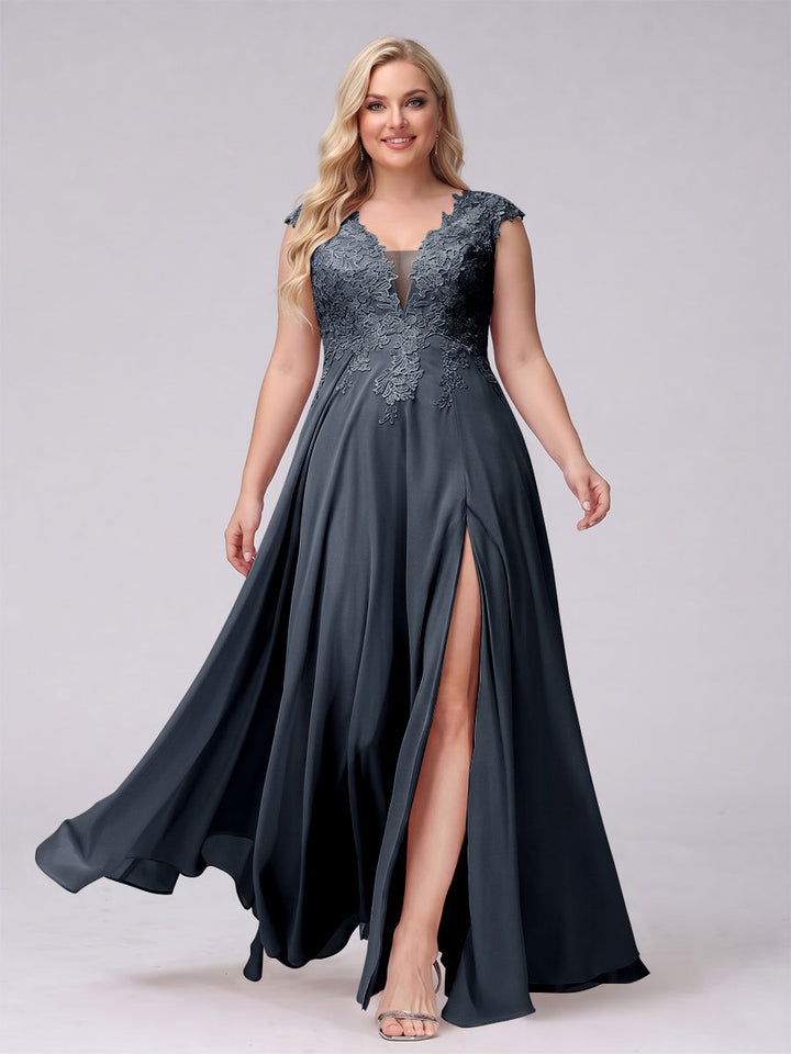 A-Line V-Neck Sleeveless Chiffon Long  Plus Size Bridesmaid Dresses With Applique Split Side