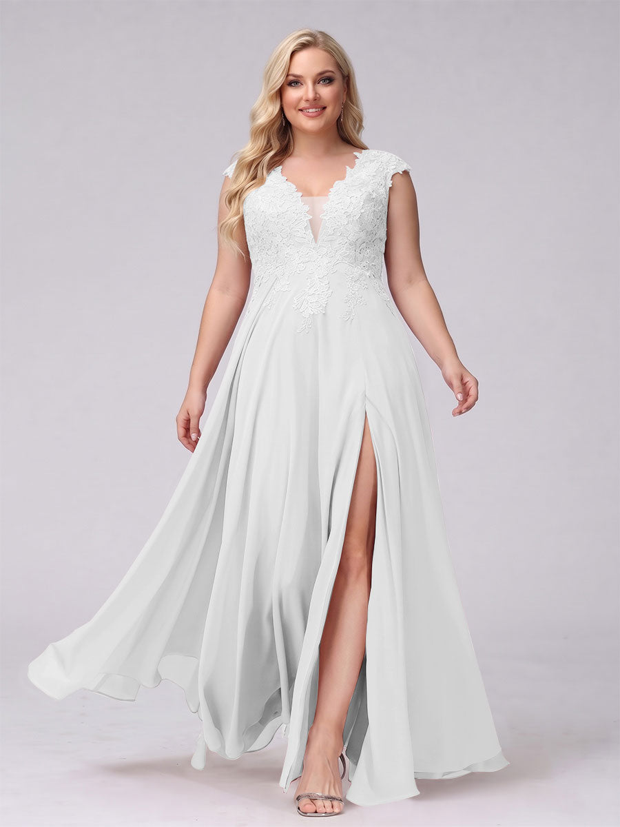 A-Line V-Neck Sleeveless Chiffon Long  Plus Size Bridesmaid Dresses With Applique Split Side