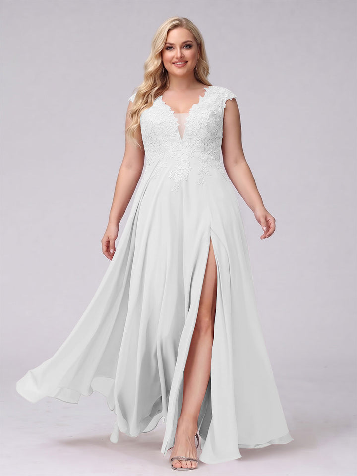 A-Line V-Neck Sleeveless Chiffon Long  Plus Size Bridesmaid Dresses With Applique Split Side