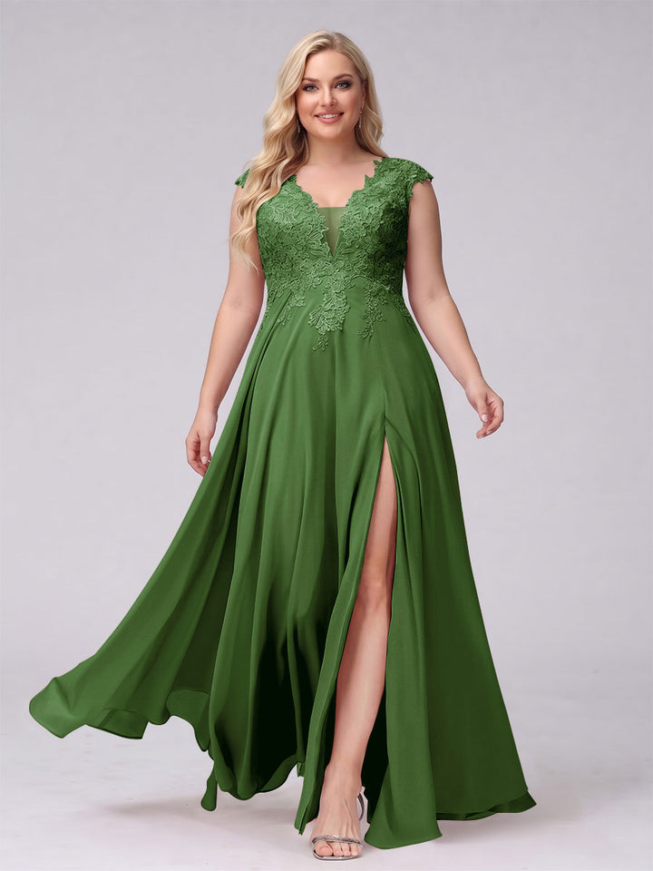 A-Line V-Neck Sleeveless Chiffon Long  Plus Size Bridesmaid Dresses With Applique Split Side