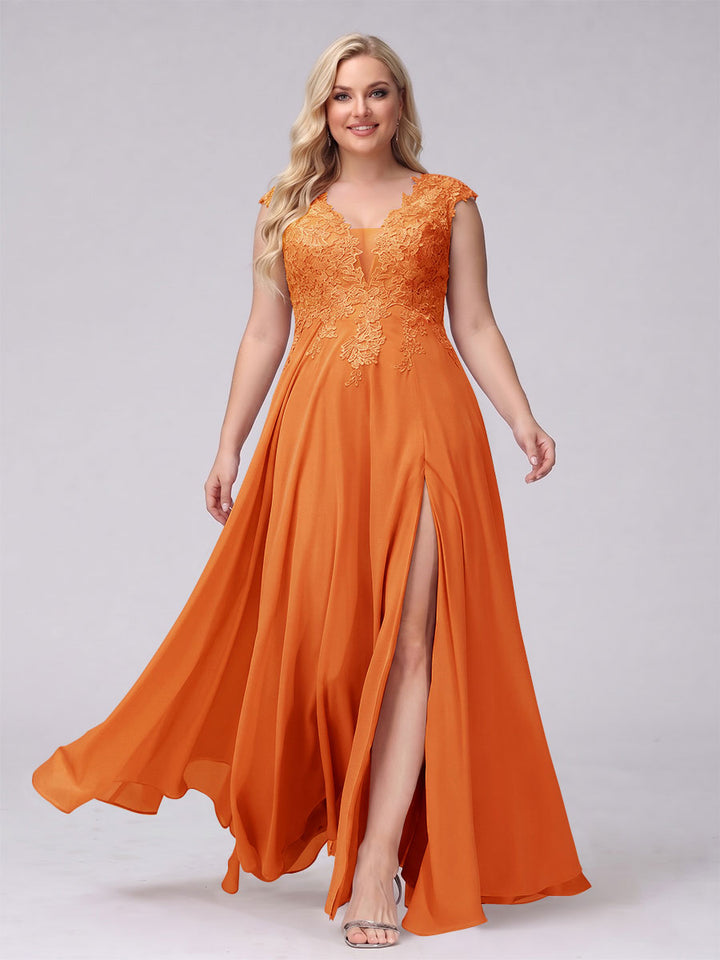 A-Line V-Neck Sleeveless Chiffon Long  Plus Size Bridesmaid Dresses With Applique Split Side