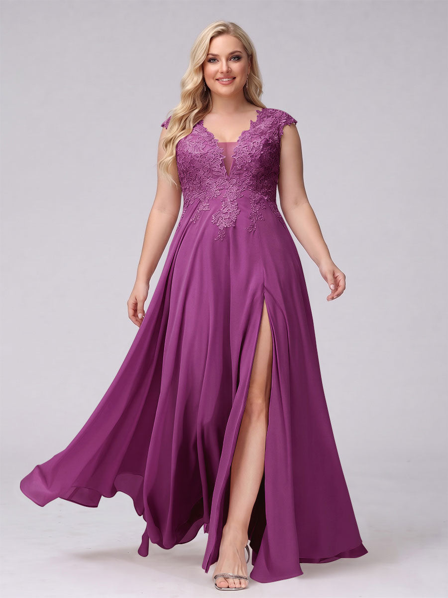 A-Line V-Neck Sleeveless Chiffon Long  Plus Size Bridesmaid Dresses With Applique Split Side