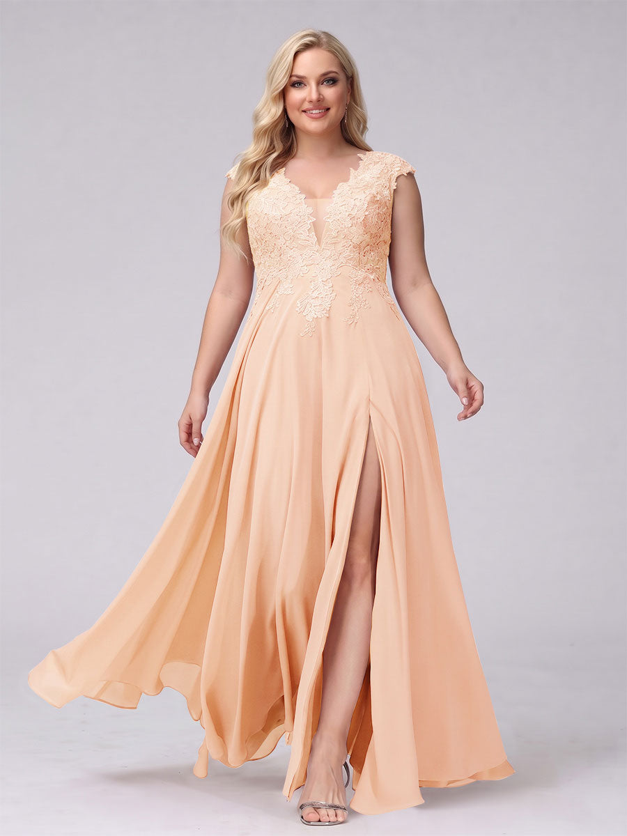A-Line V-Neck Sleeveless Chiffon Long  Plus Size Bridesmaid Dresses With Applique Split Side
