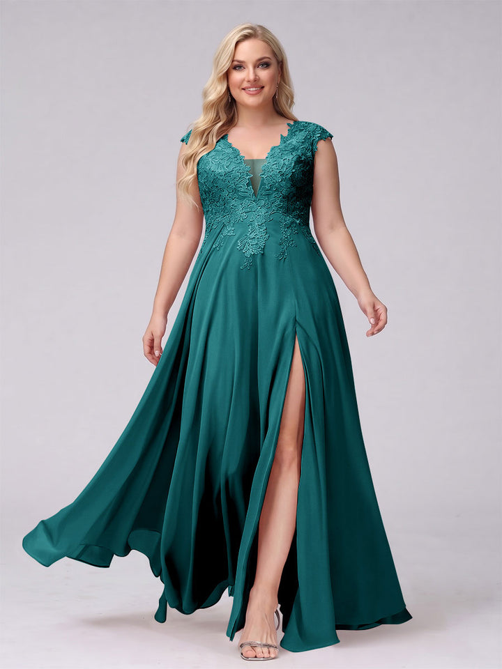A-Line V-Neck Sleeveless Chiffon Long  Plus Size Bridesmaid Dresses With Applique Split Side
