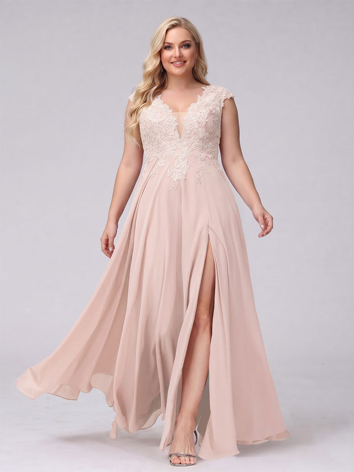 A-Line V-Neck Sleeveless Chiffon Long  Plus Size Bridesmaid Dresses With Applique Split Side