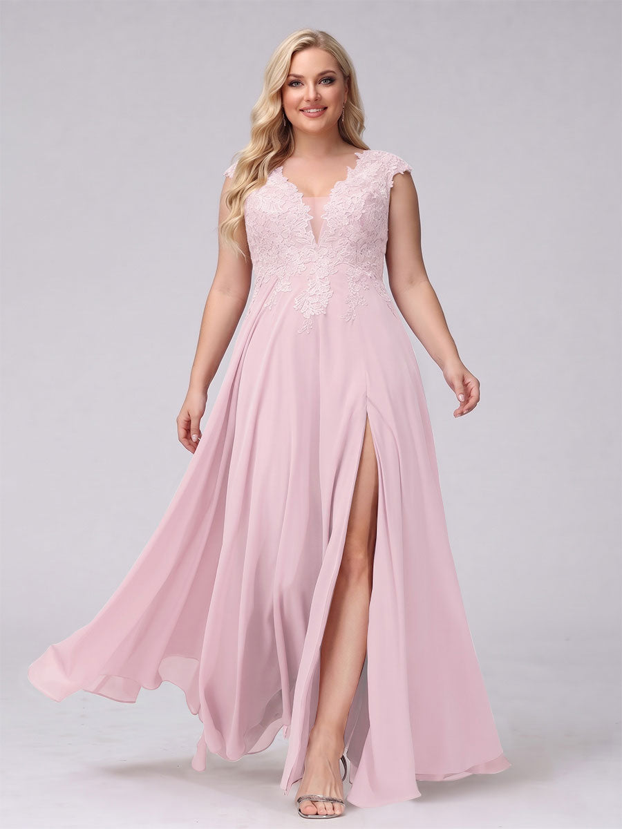 A-Line V-Neck Sleeveless Chiffon Long  Plus Size Bridesmaid Dresses With Applique Split Side