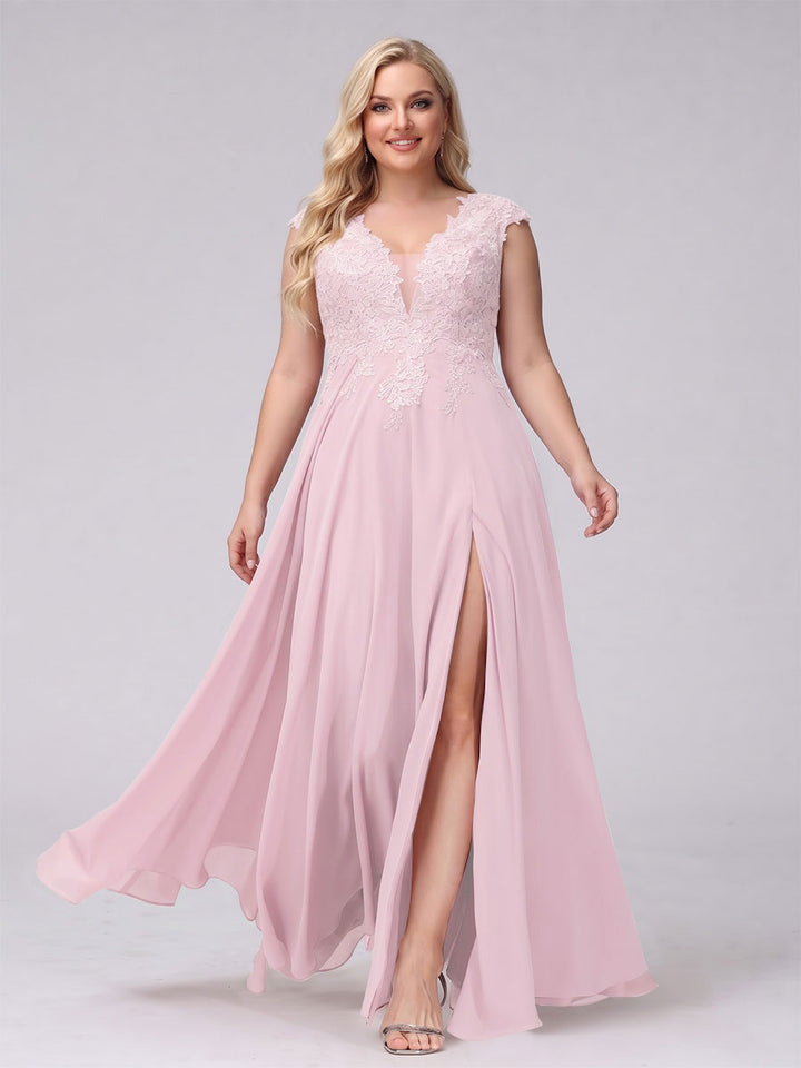 A-Line V-Neck Sleeveless Chiffon Long  Plus Size Bridesmaid Dresses With Applique Split Side