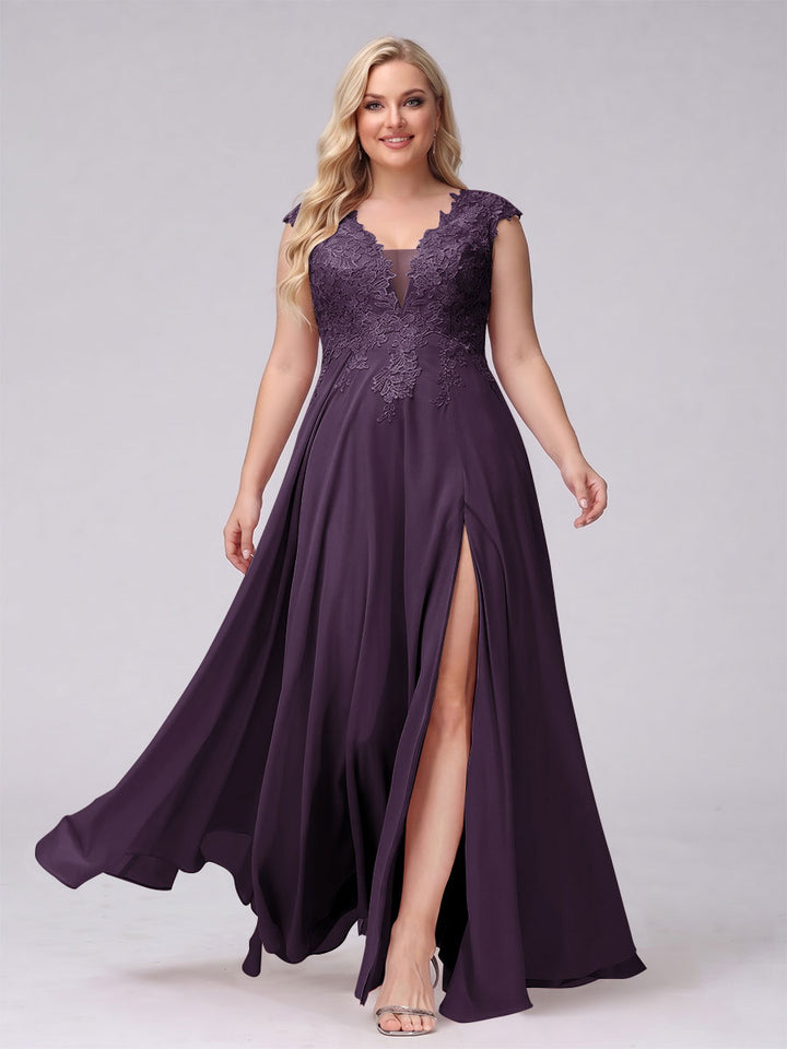 A-Line V-Neck Sleeveless Chiffon Long  Plus Size Bridesmaid Dresses With Applique Split Side