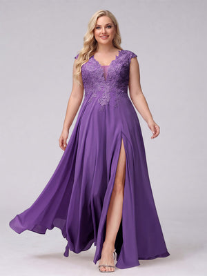 A-Line V-Neck Sleeveless Chiffon Long  Plus Size Bridesmaid Dresses With Applique Split Side