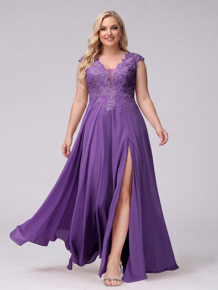 A-Line V-Neck Sleeveless Chiffon Long  Plus Size Bridesmaid Dresses With Applique Split Side