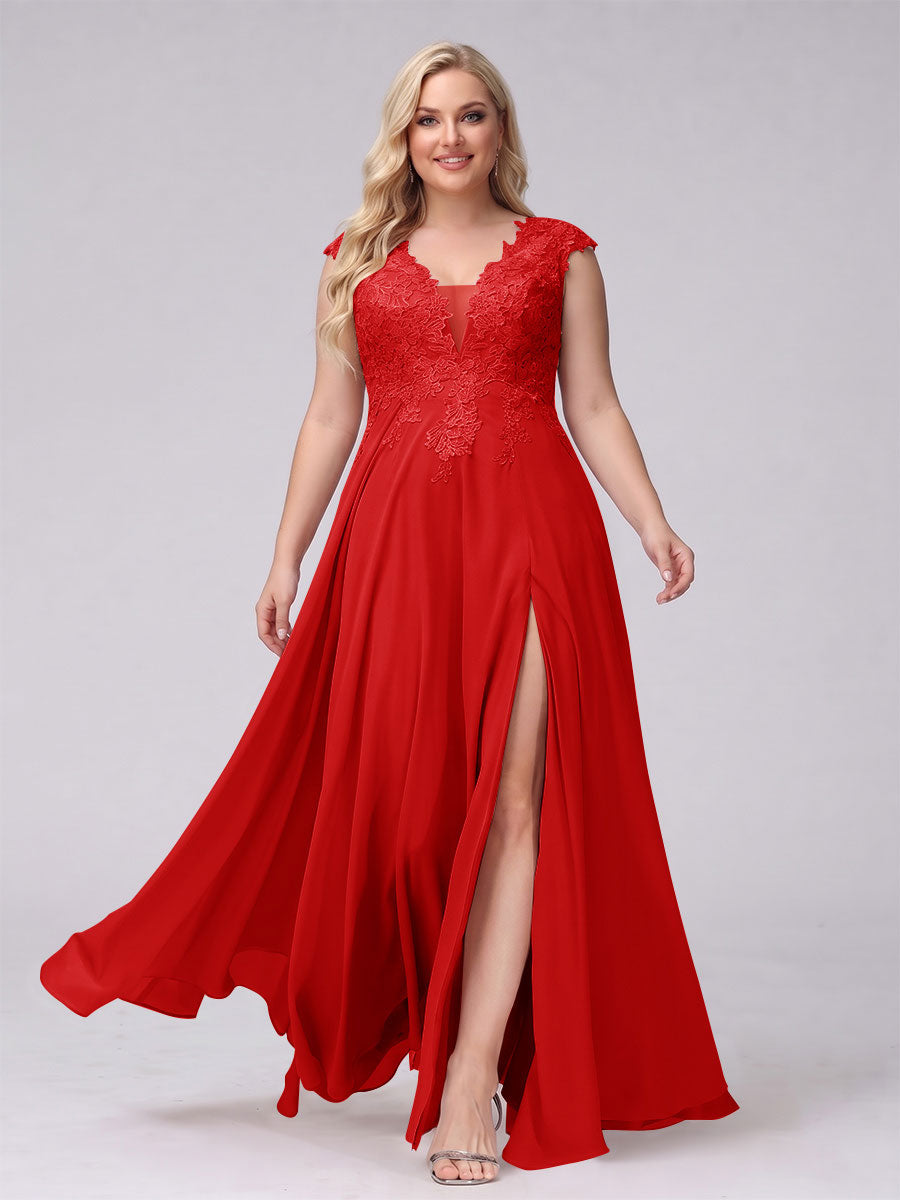 A-Line V-Neck Sleeveless Chiffon Long  Plus Size Bridesmaid Dresses With Applique Split Side