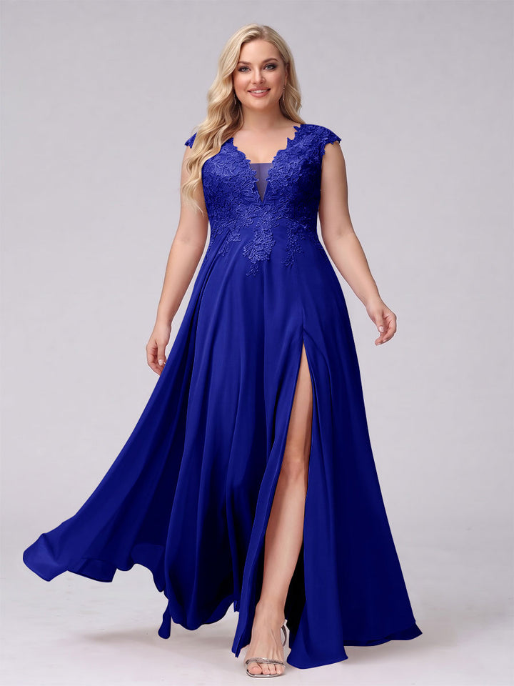 A-Line V-Neck Sleeveless Chiffon Long  Plus Size Bridesmaid Dresses With Applique Split Side