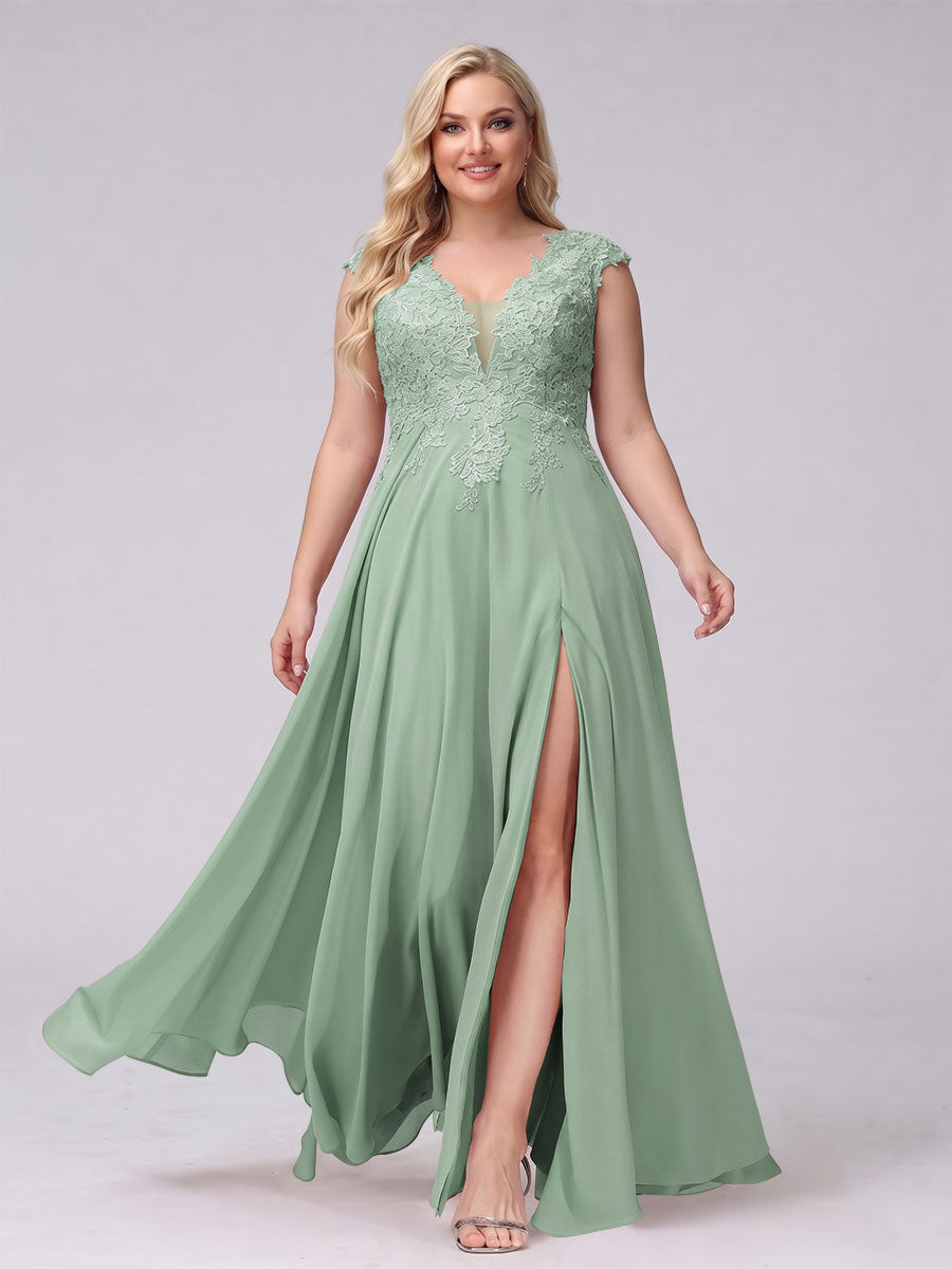 A-Line V-Neck Sleeveless Chiffon Long  Plus Size Bridesmaid Dresses With Applique Split Side