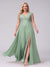 A-Line V-Neck Sleeveless Chiffon Long  Plus Size Bridesmaid Dresses With Applique Split Side