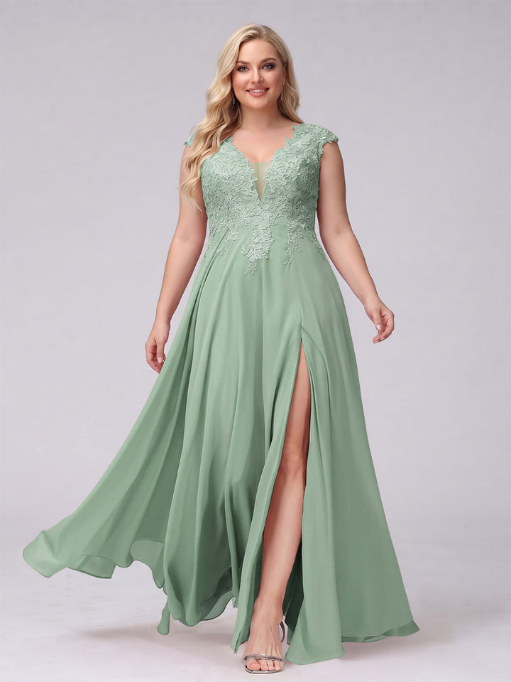 A-Line V-Neck Sleeveless Chiffon Long  Plus Size Bridesmaid Dresses With Applique Split Side