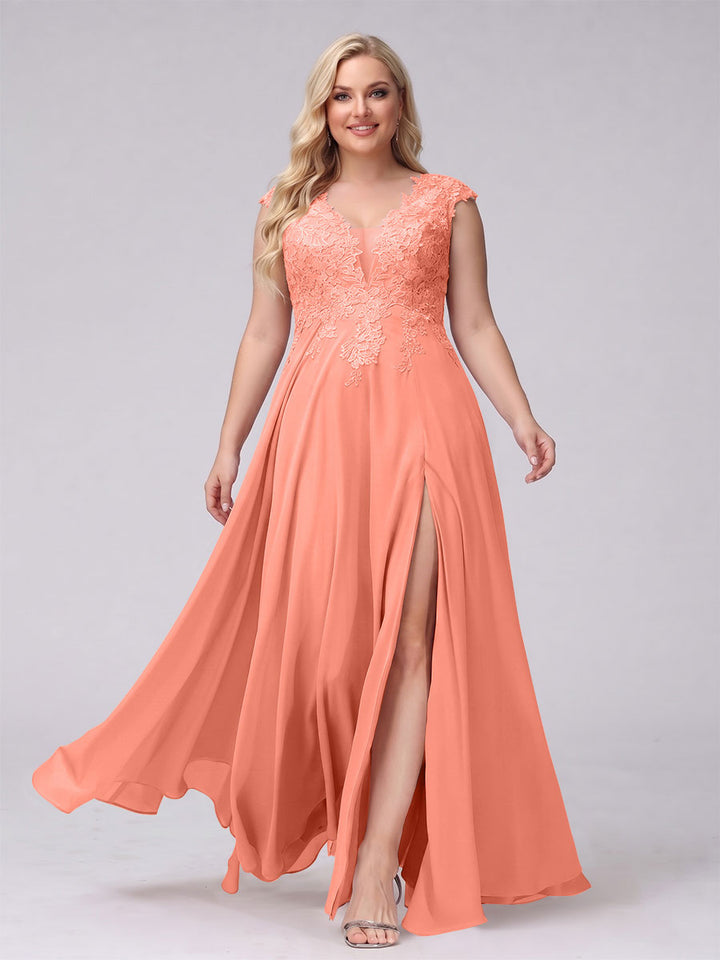 A-Line V-Neck Sleeveless Chiffon Long  Plus Size Bridesmaid Dresses With Applique Split Side