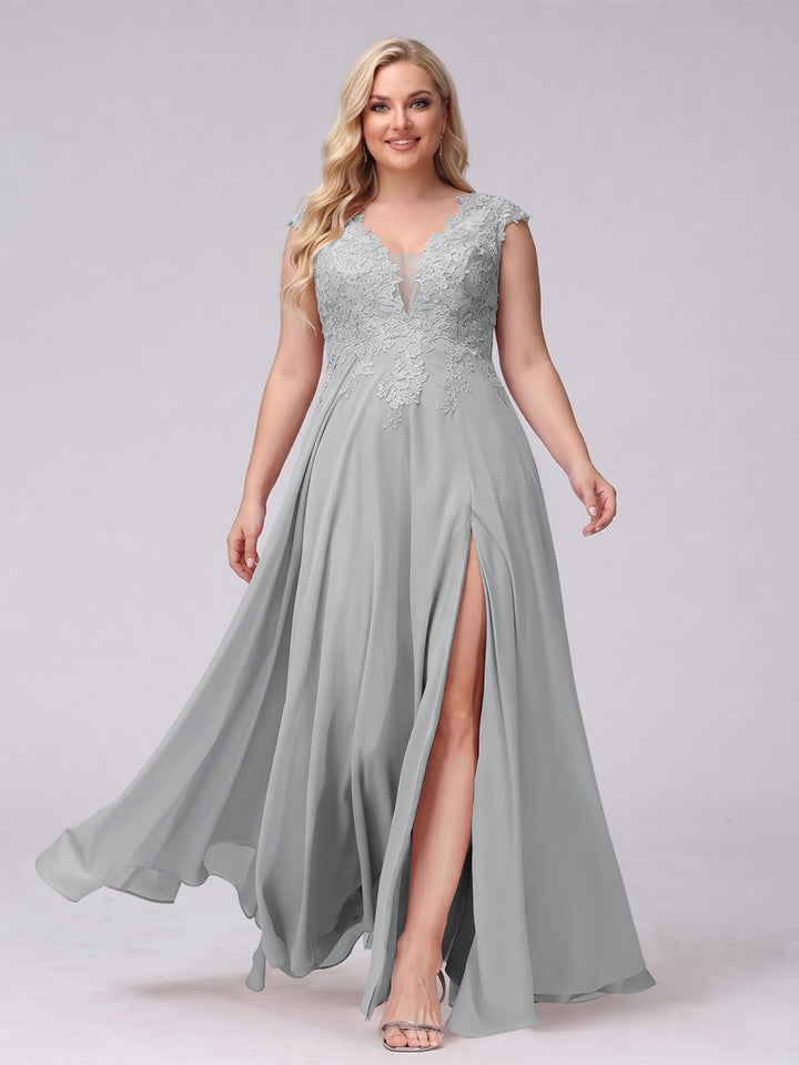 A-Line V-Neck Sleeveless Chiffon Long  Plus Size Bridesmaid Dresses With Applique Split Side
