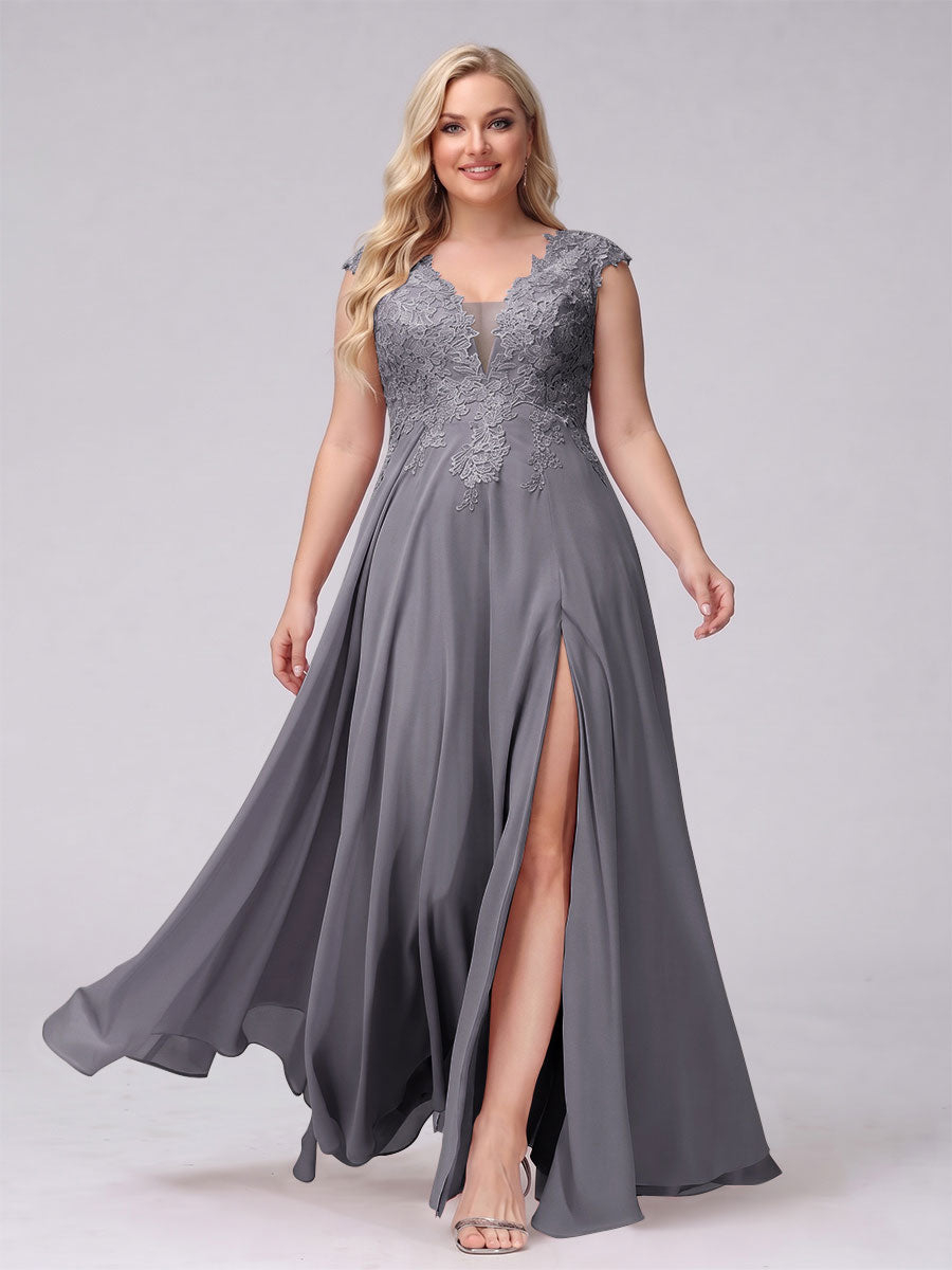 A-Line V-Neck Sleeveless Chiffon Long  Plus Size Bridesmaid Dresses With Applique Split Side