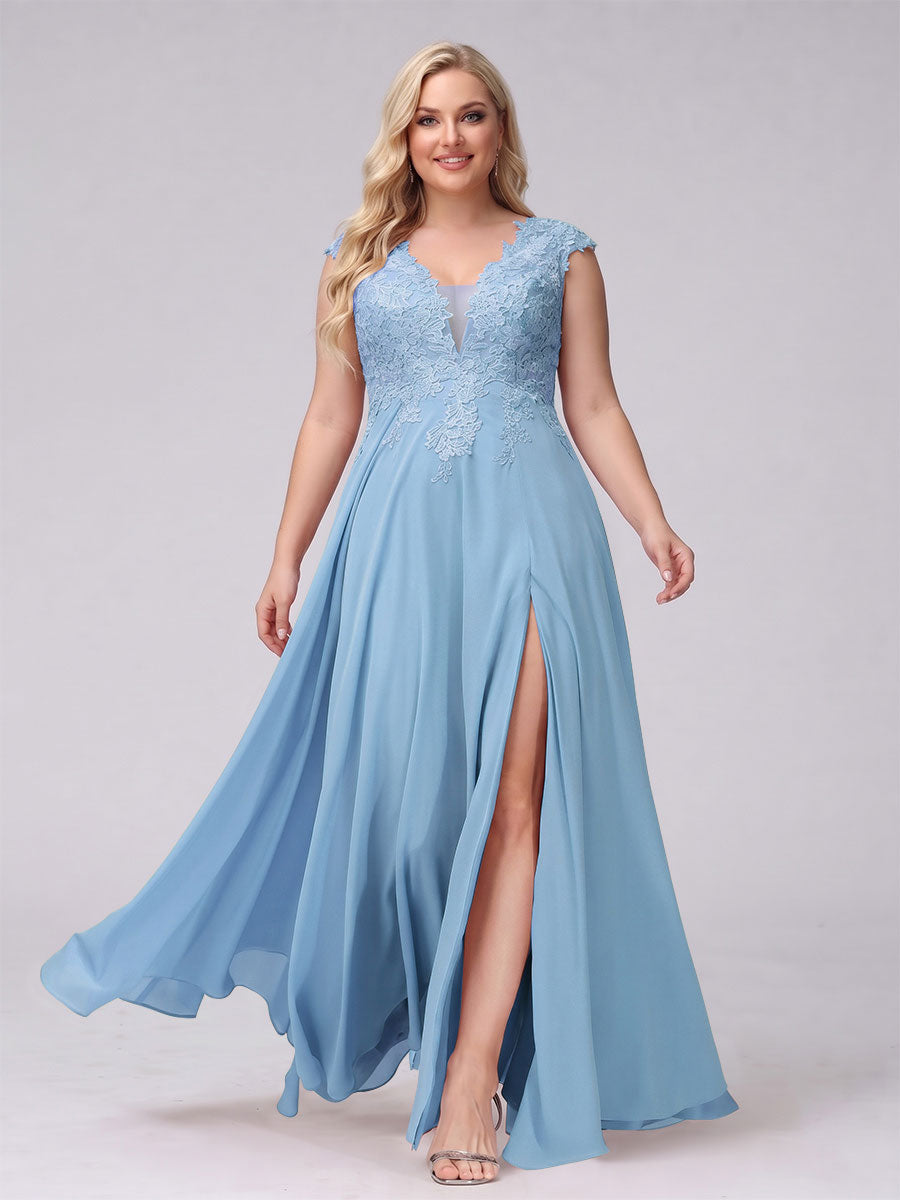 A-Line V-Neck Sleeveless Chiffon Long  Plus Size Bridesmaid Dresses With Applique Split Side