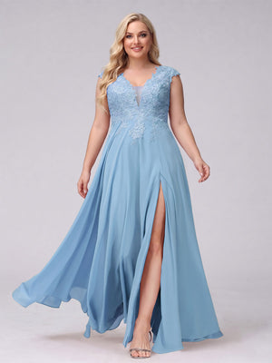 A-Line V-Neck Sleeveless Chiffon Long  Plus Size Bridesmaid Dresses With Applique Split Side