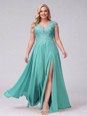 A-Line V-Neck Sleeveless Chiffon Long  Plus Size Bridesmaid Dresses With Applique Split Side