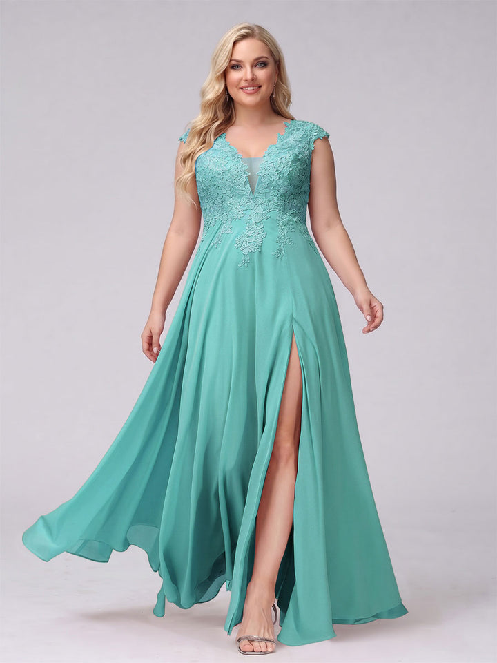 A-Line V-Neck Sleeveless Chiffon Long  Plus Size Bridesmaid Dresses With Applique Split Side