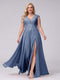 A-Line V-Neck Sleeveless Chiffon Long  Plus Size Bridesmaid Dresses With Applique Split Side