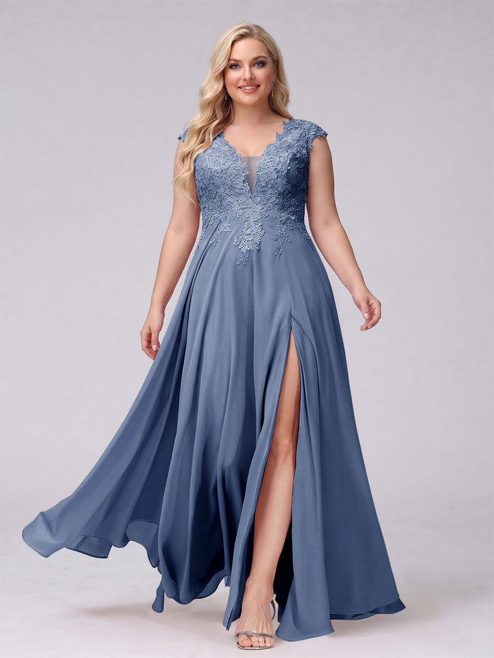 A-Line V-Neck Sleeveless Chiffon Long  Plus Size Bridesmaid Dresses With Applique Split Side
