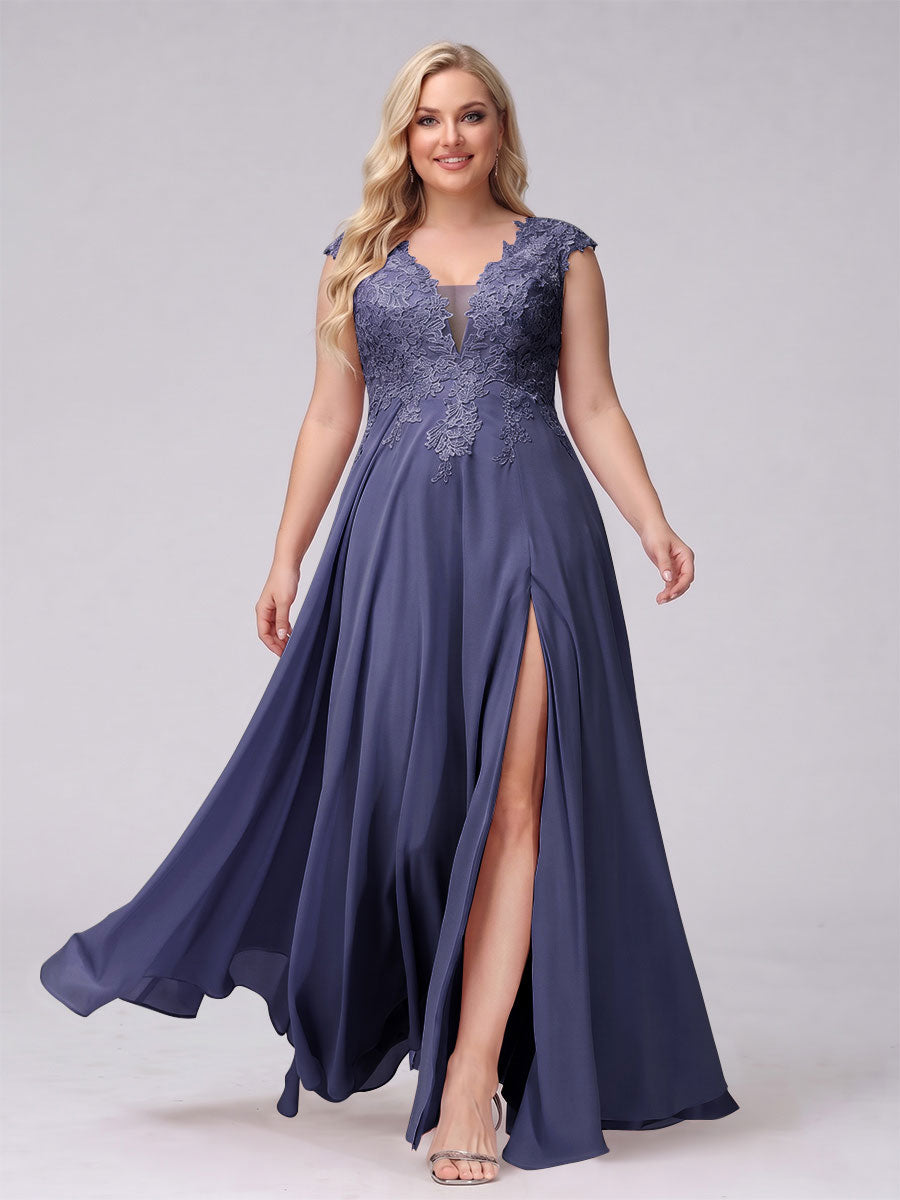 A-Line V-Neck Sleeveless Chiffon Long  Plus Size Bridesmaid Dresses With Applique Split Side