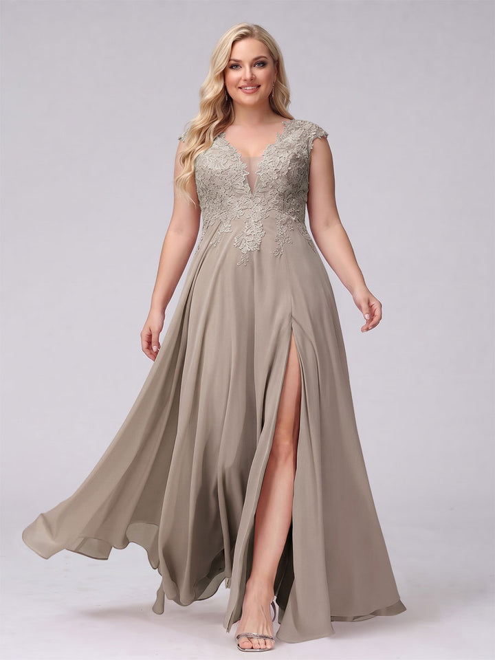 A-Line V-Neck Sleeveless Chiffon Long  Plus Size Bridesmaid Dresses With Applique Split Side