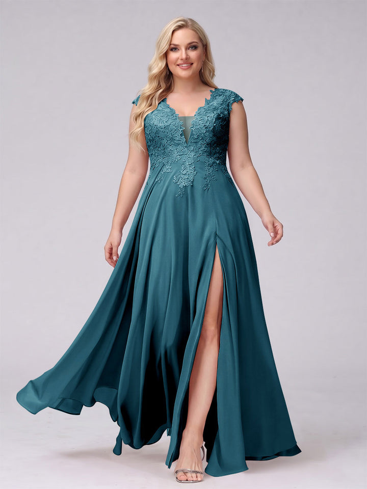 A-Line V-Neck Sleeveless Chiffon Long  Plus Size Bridesmaid Dresses With Applique Split Side