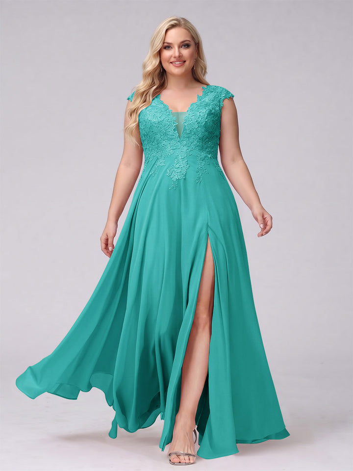 A-Line V-Neck Sleeveless Chiffon Long  Plus Size Bridesmaid Dresses With Applique Split Side